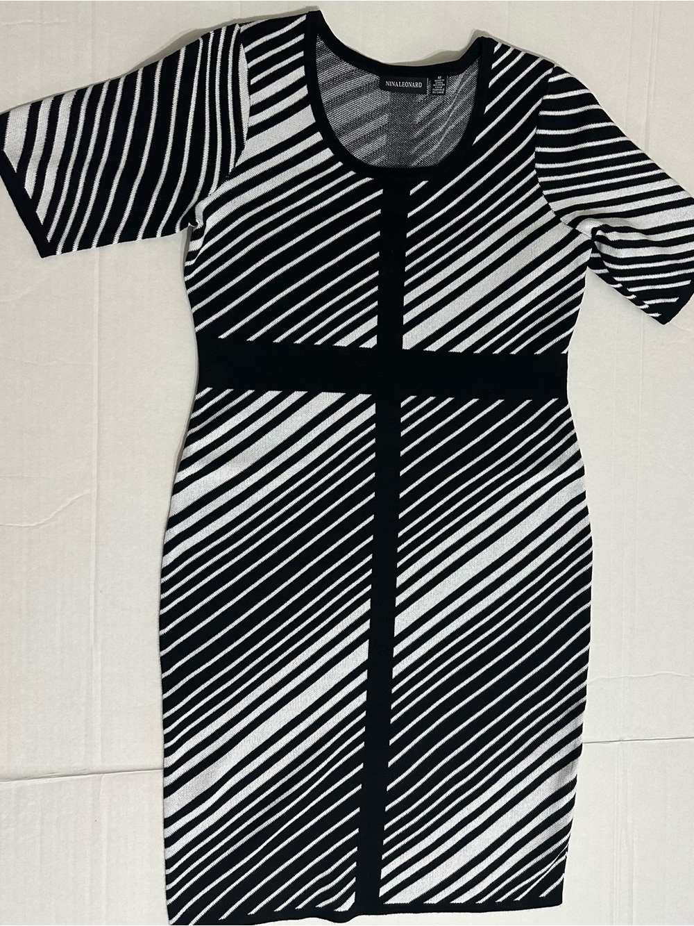 Nina Leonard Black and White Diagonal Stripe Midi Dress